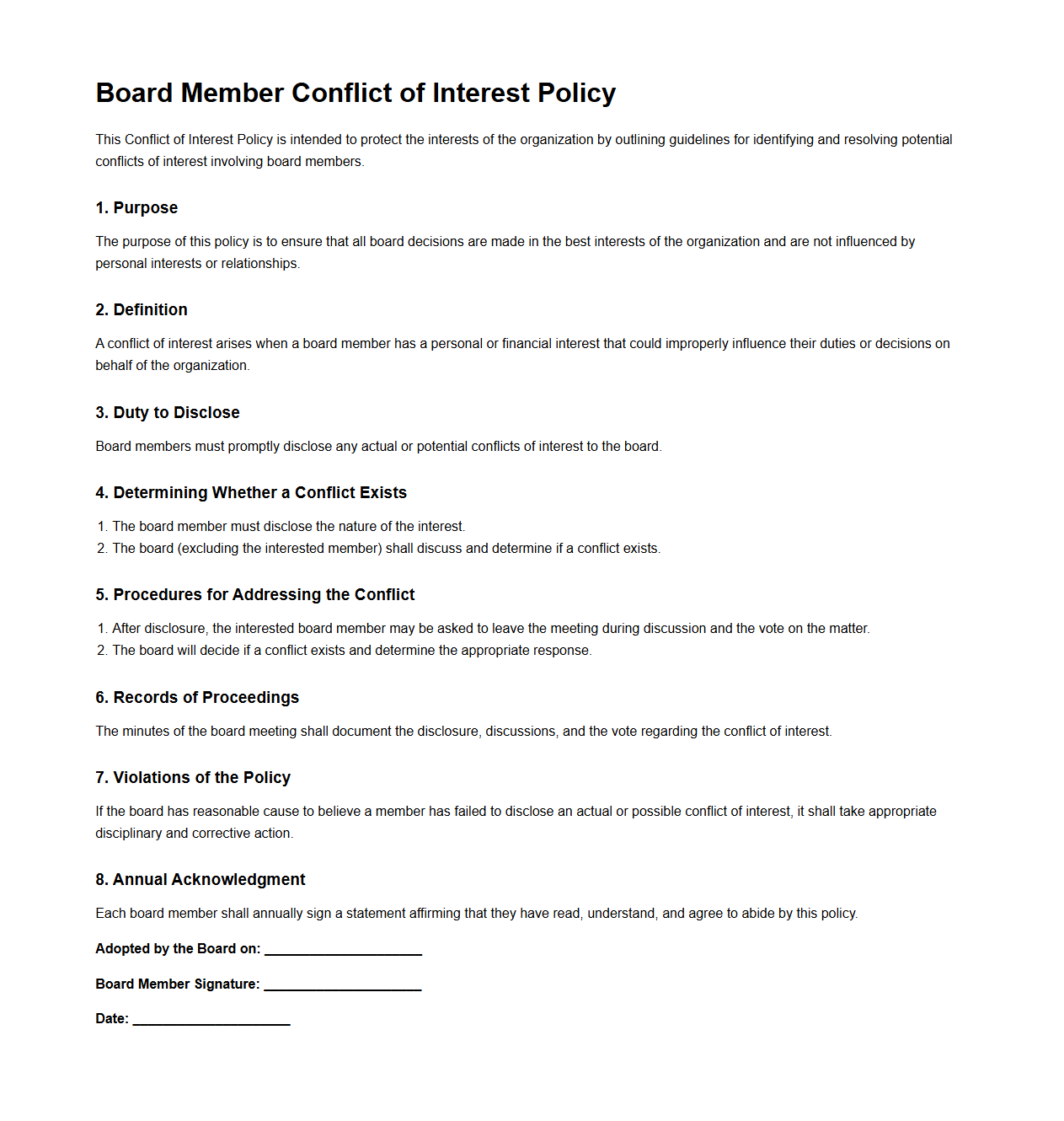Blank Board Member Conflict of Interest Policy