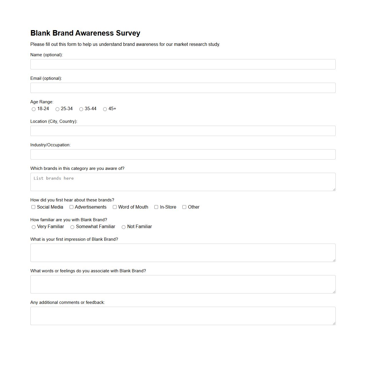 Blank Brand Awareness Survey Form for Market Studies