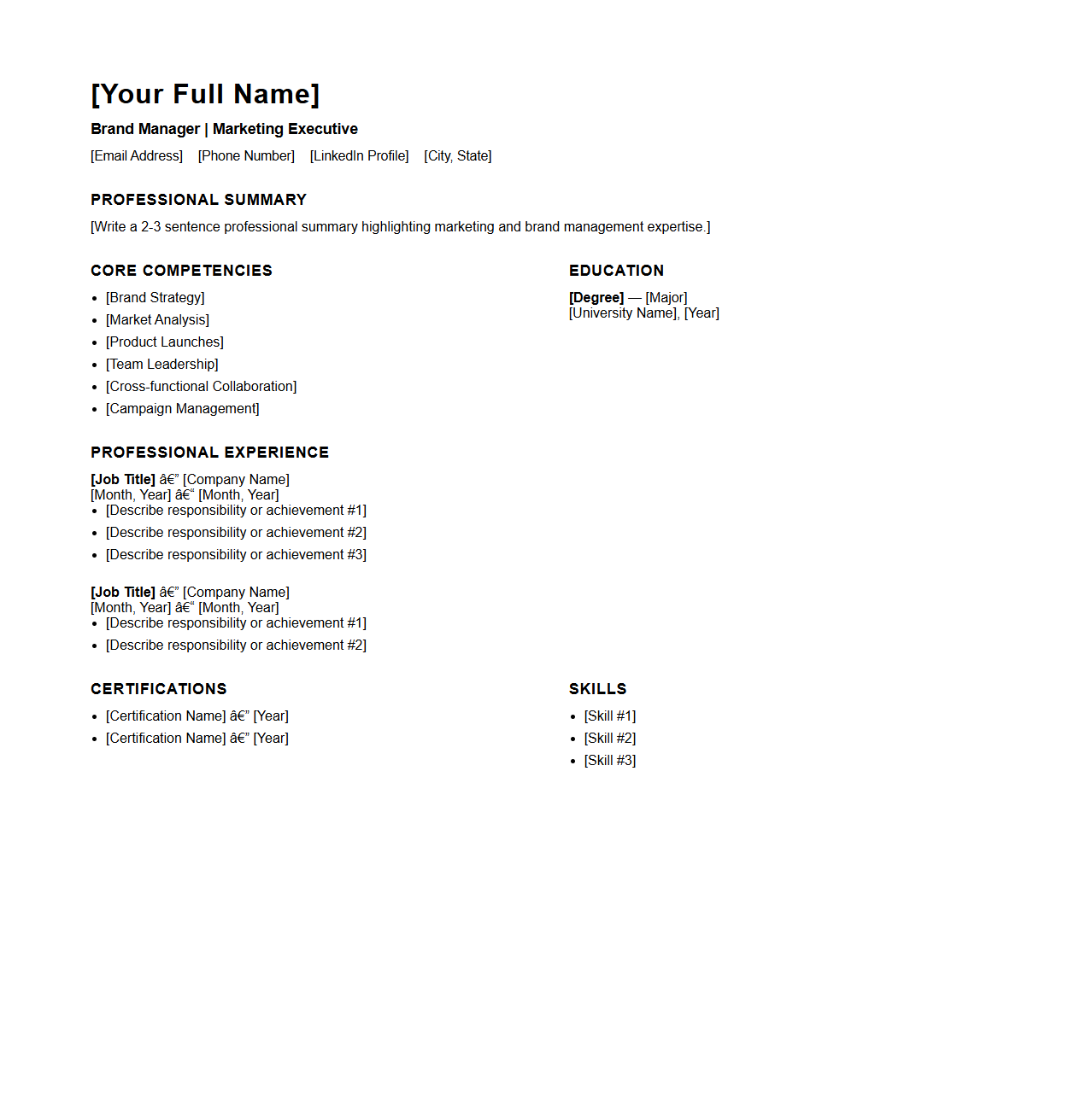 Blank Brand Manager Resume Template for Marketing Executives