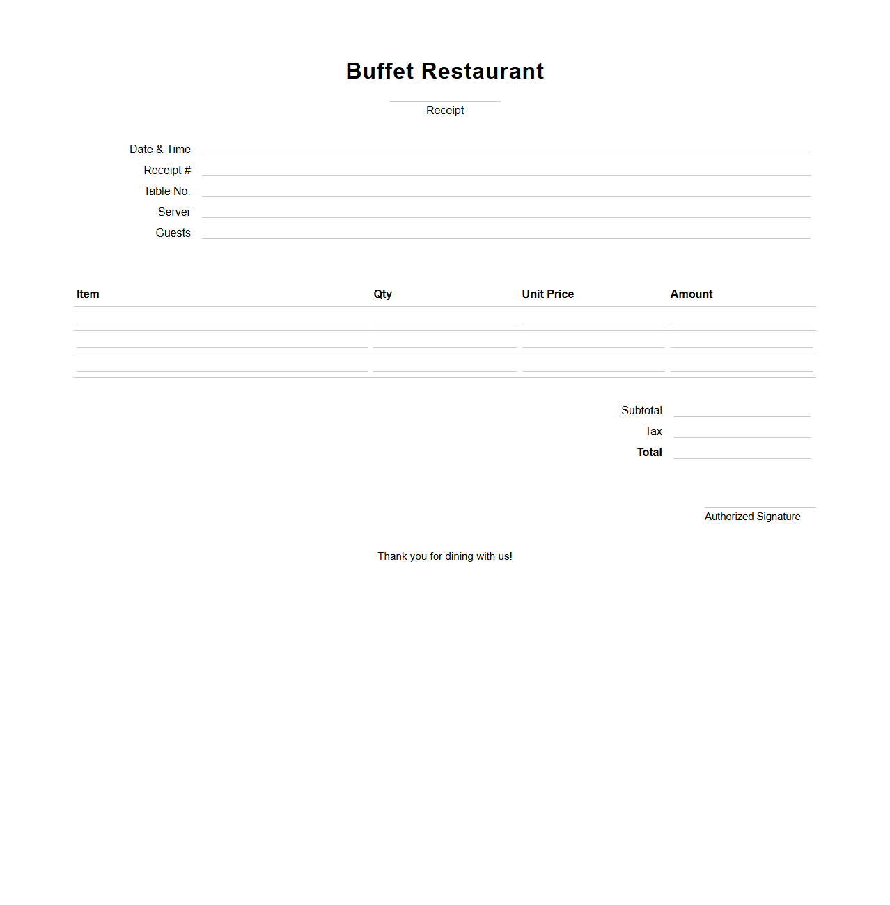 Blank Buffet Restaurant Receipt Template