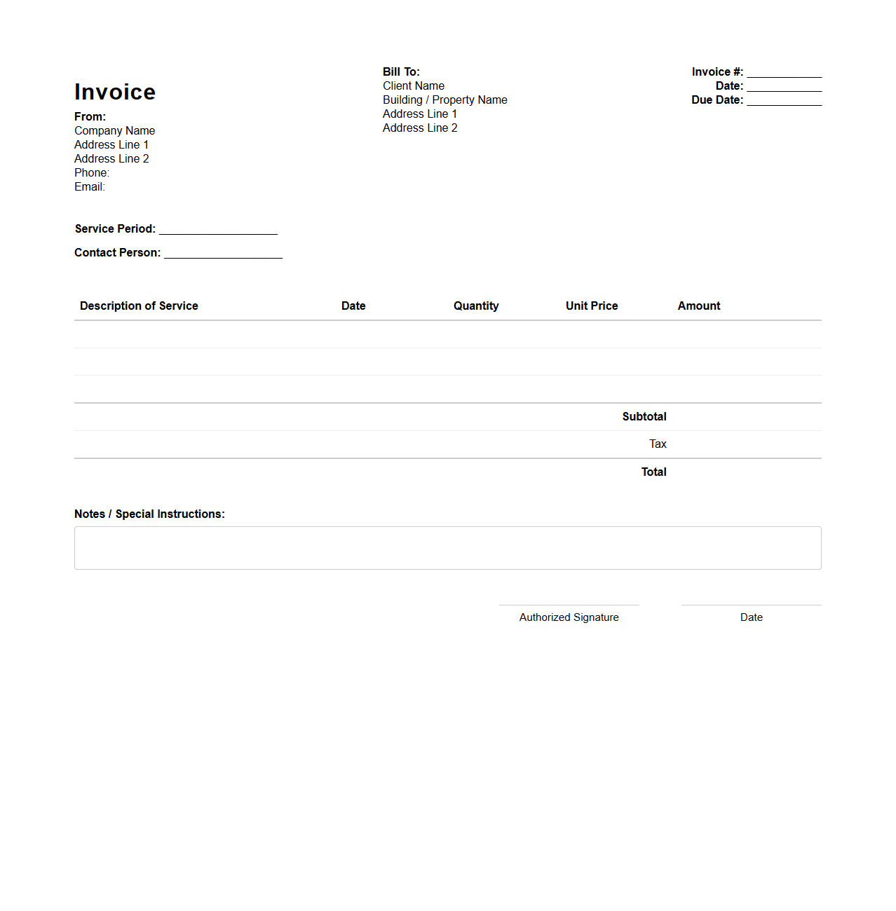 Blank Building Maintenance Invoice Template