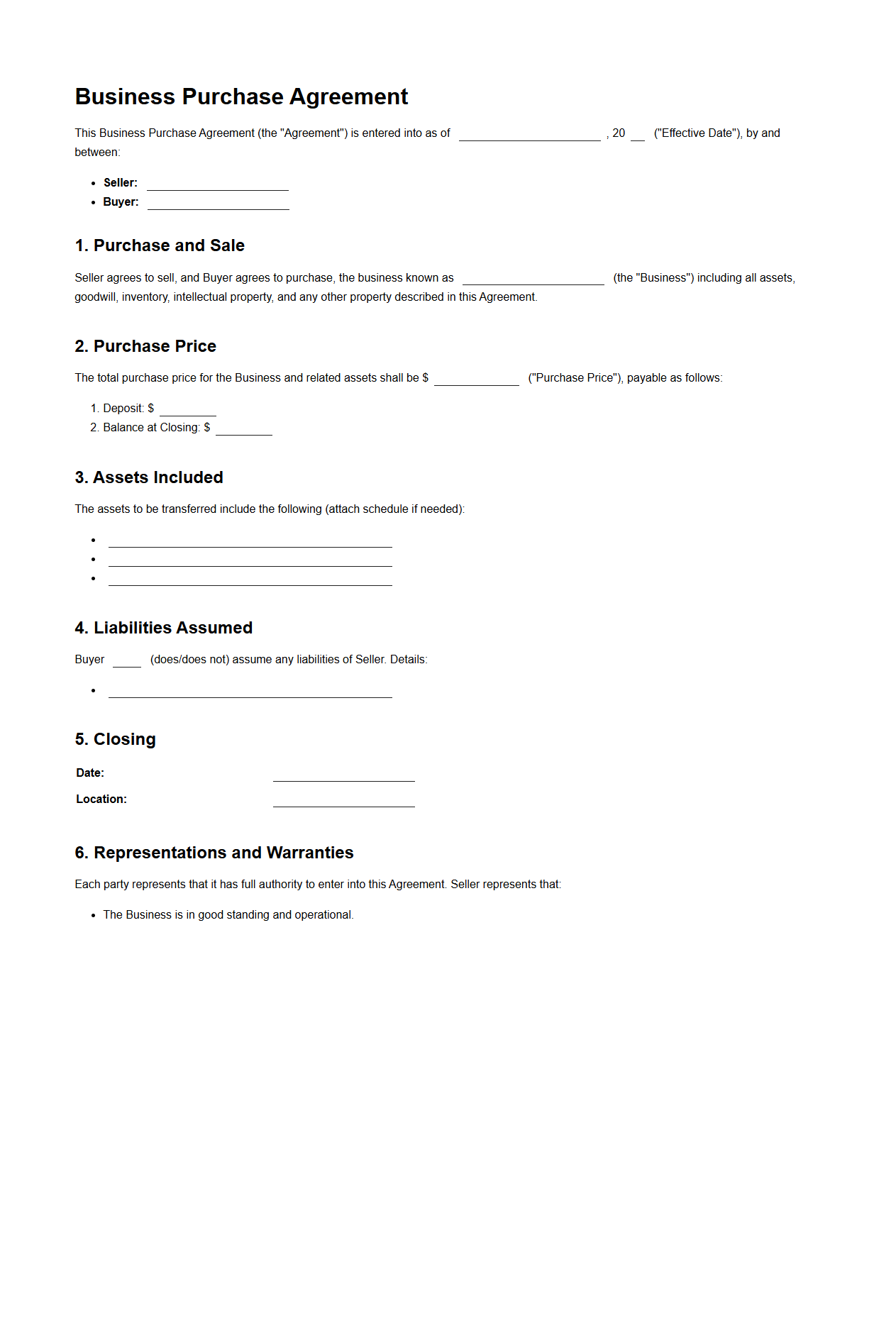 Blank Business Purchase Agreement Template