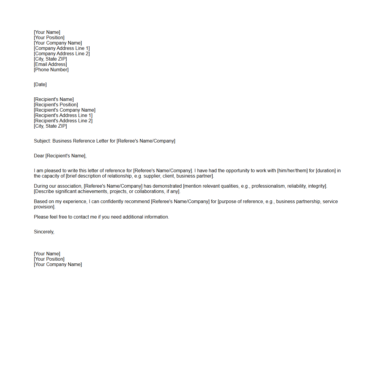 Blank Business Reference Letter Draft