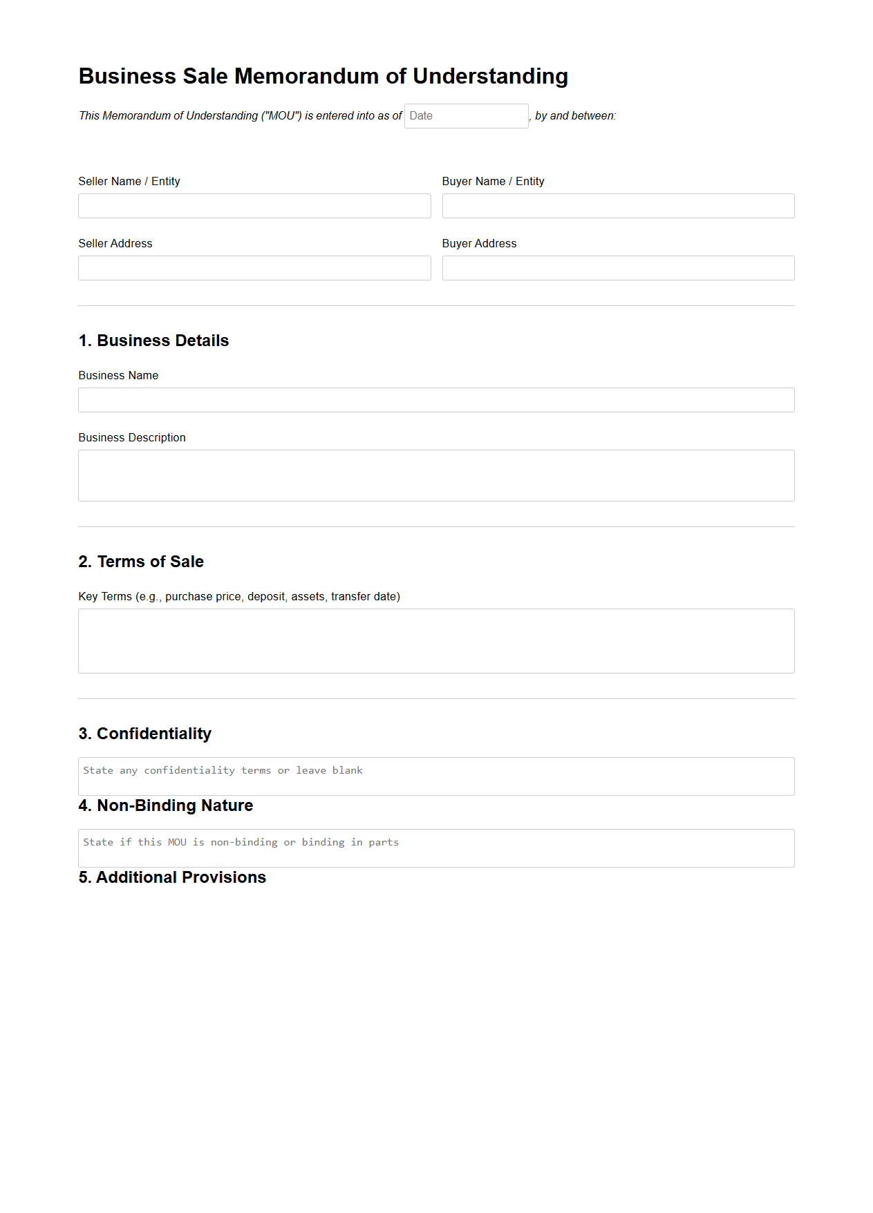 Blank Business Sale Memorandum of Understanding Form