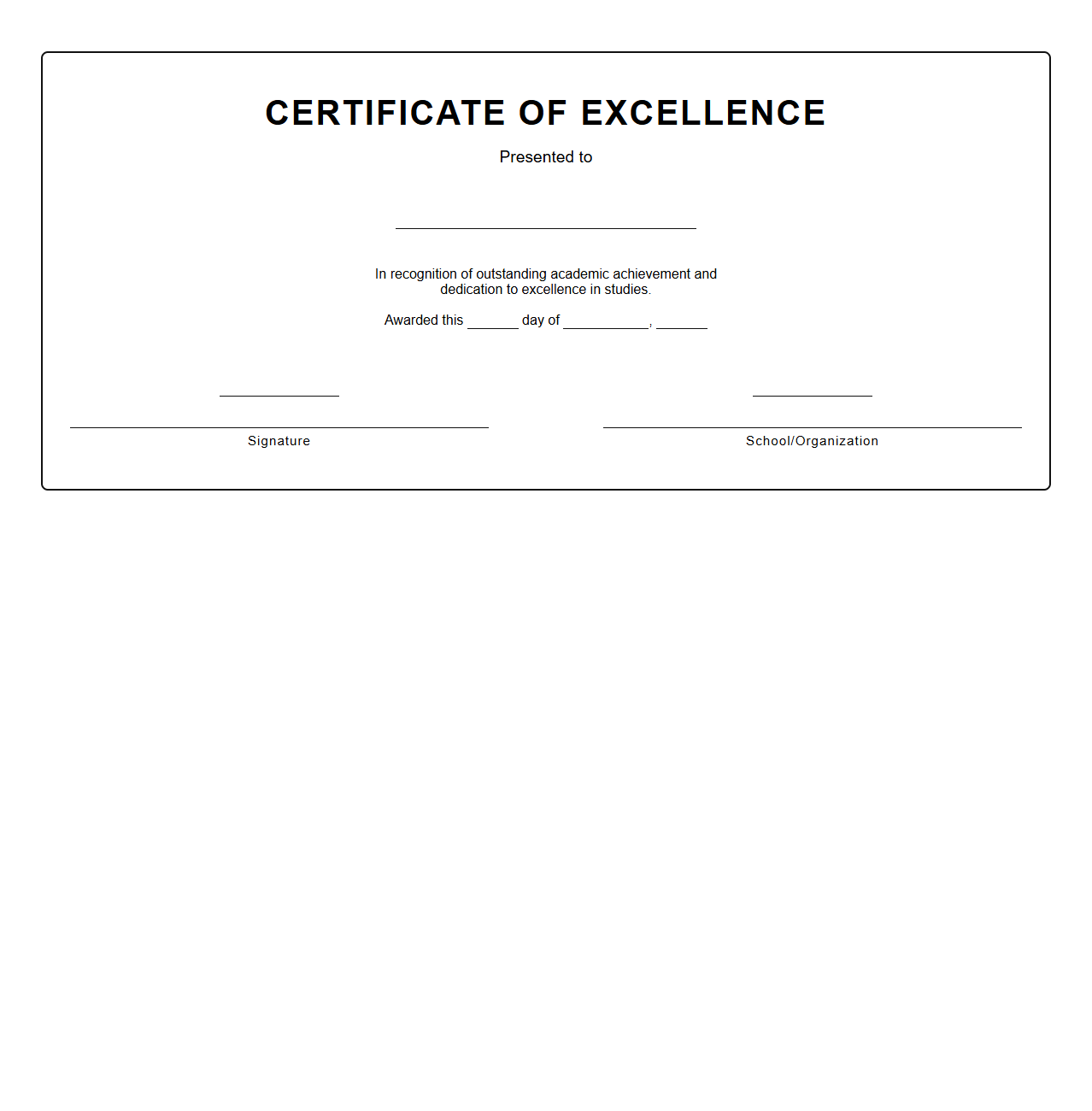 Blank Certificate of Excellence Template for Students