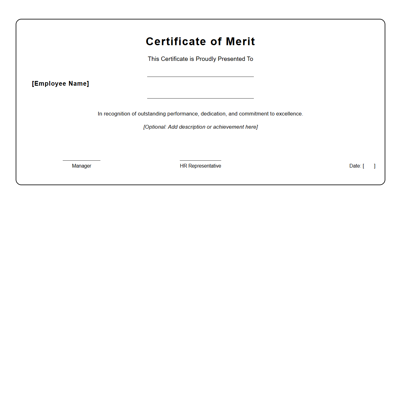 Blank Certificate Template for Employee Merit