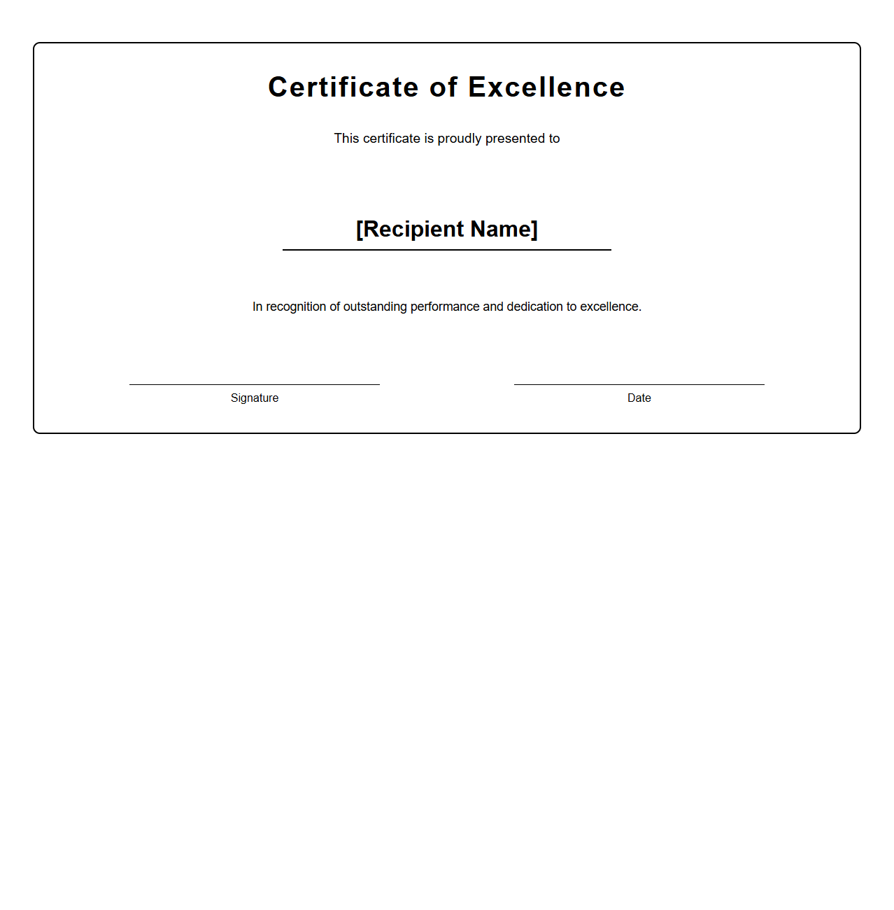 Blank Certificate Template for Excellence in Performance
