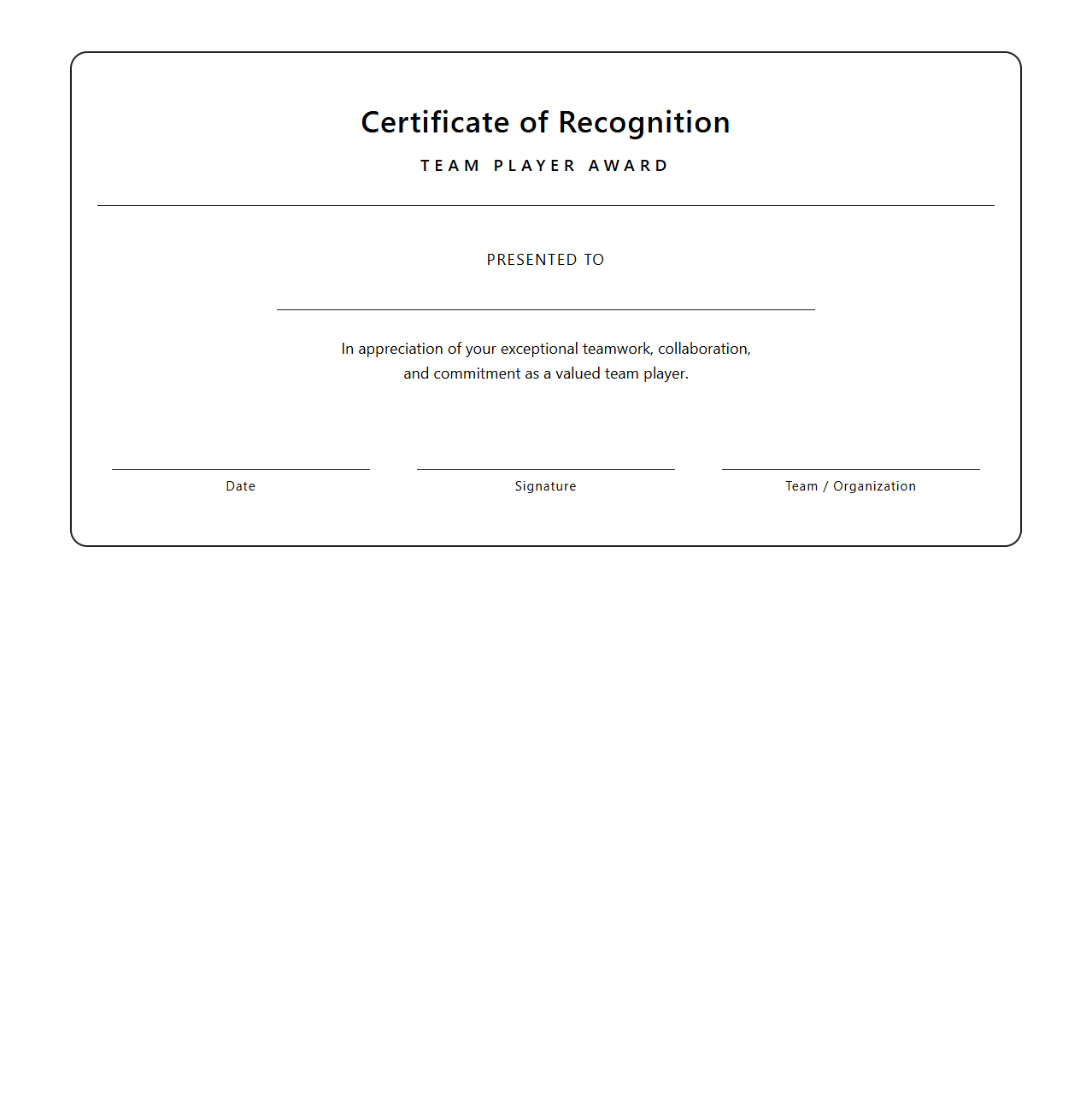 Blank Certificate Template for Team Player Recognition