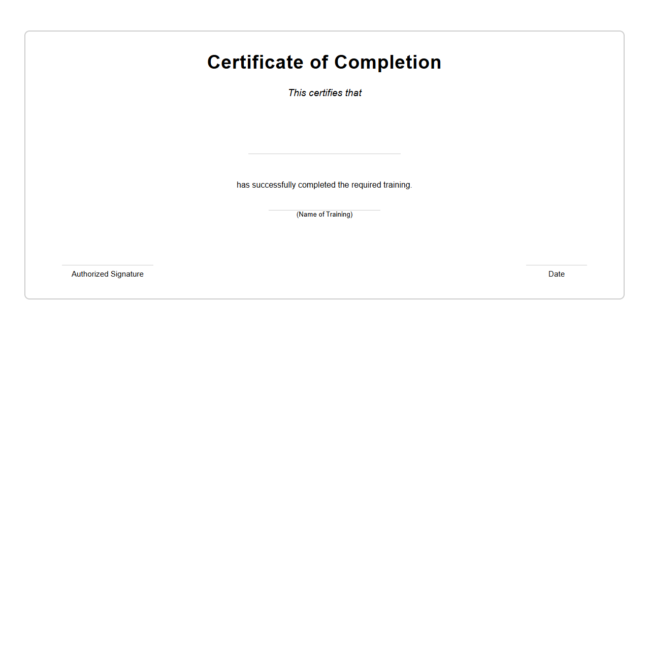 Blank Certificate Template for Training Completion