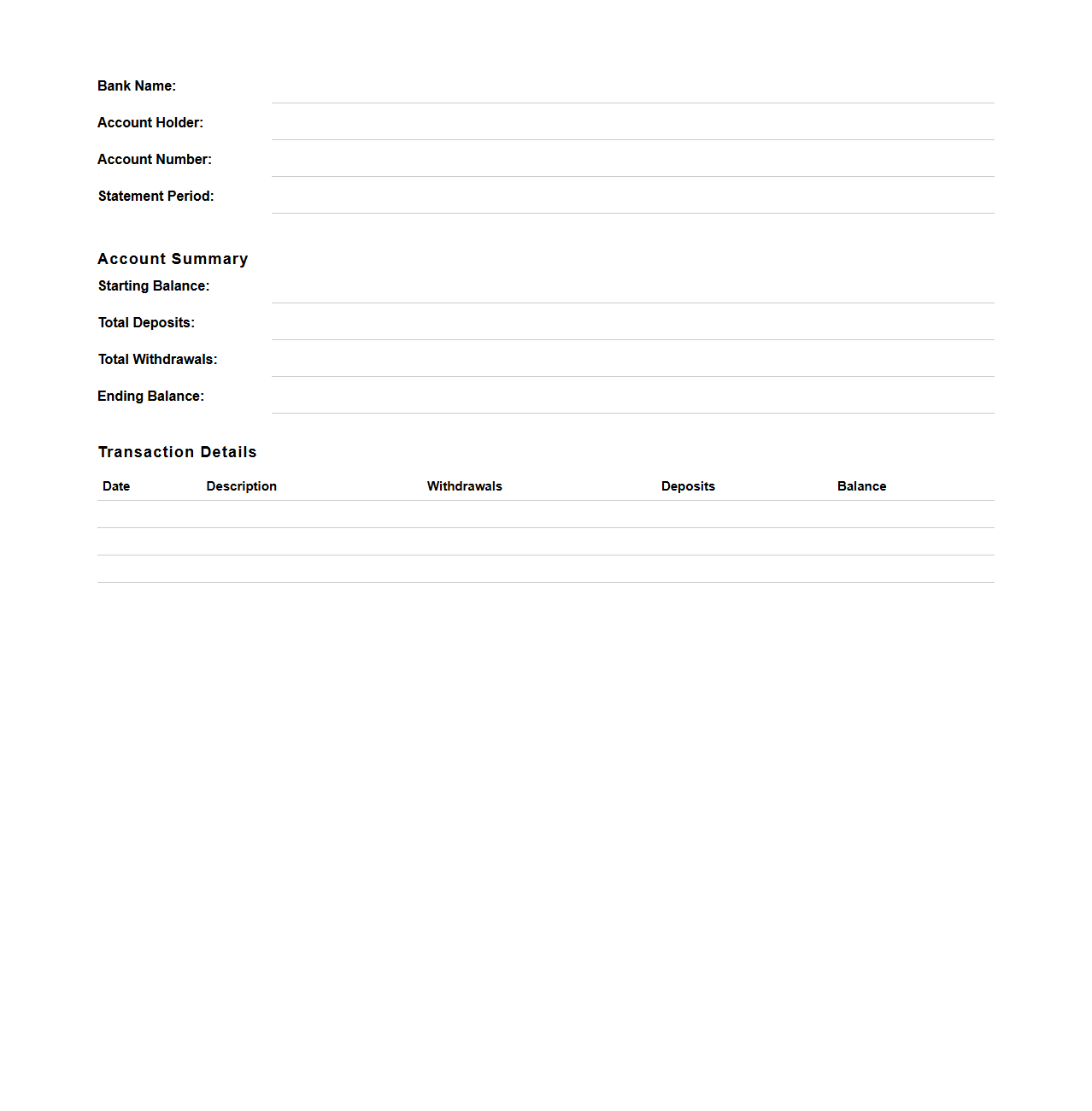 Blank Checking Account Statement Template