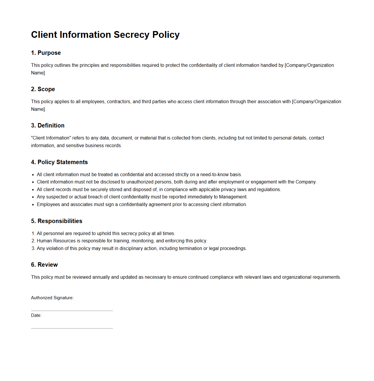 Blank Client Information Secrecy Policy Template