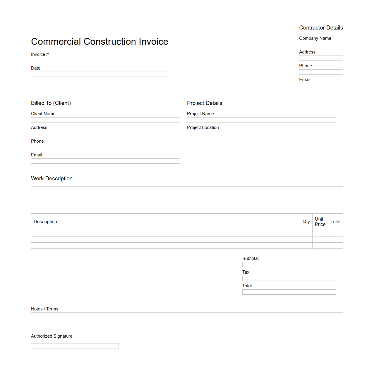 Blank Commercial Construction Invoice Template