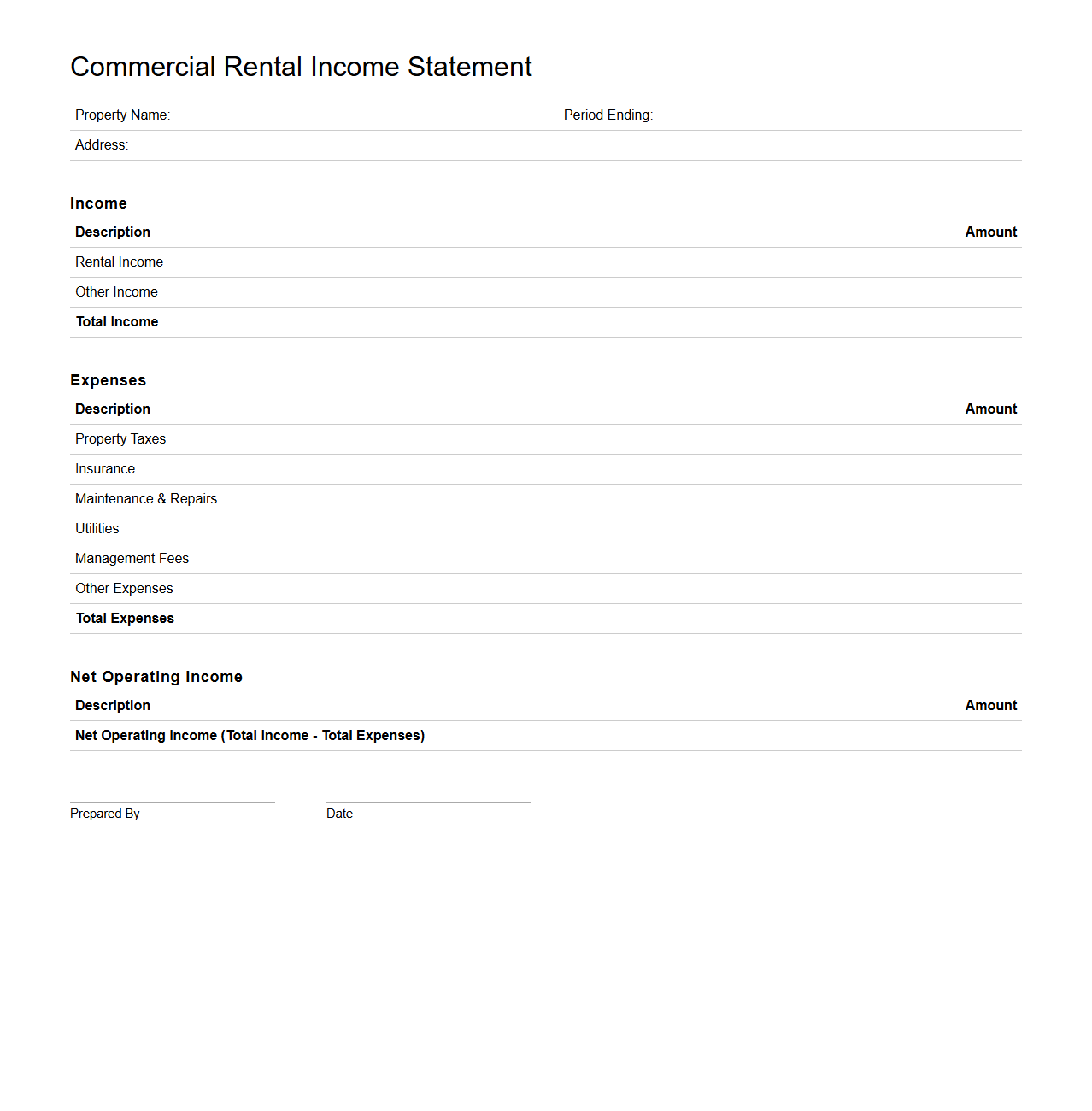 Blank Commercial Rental Income Statement Template