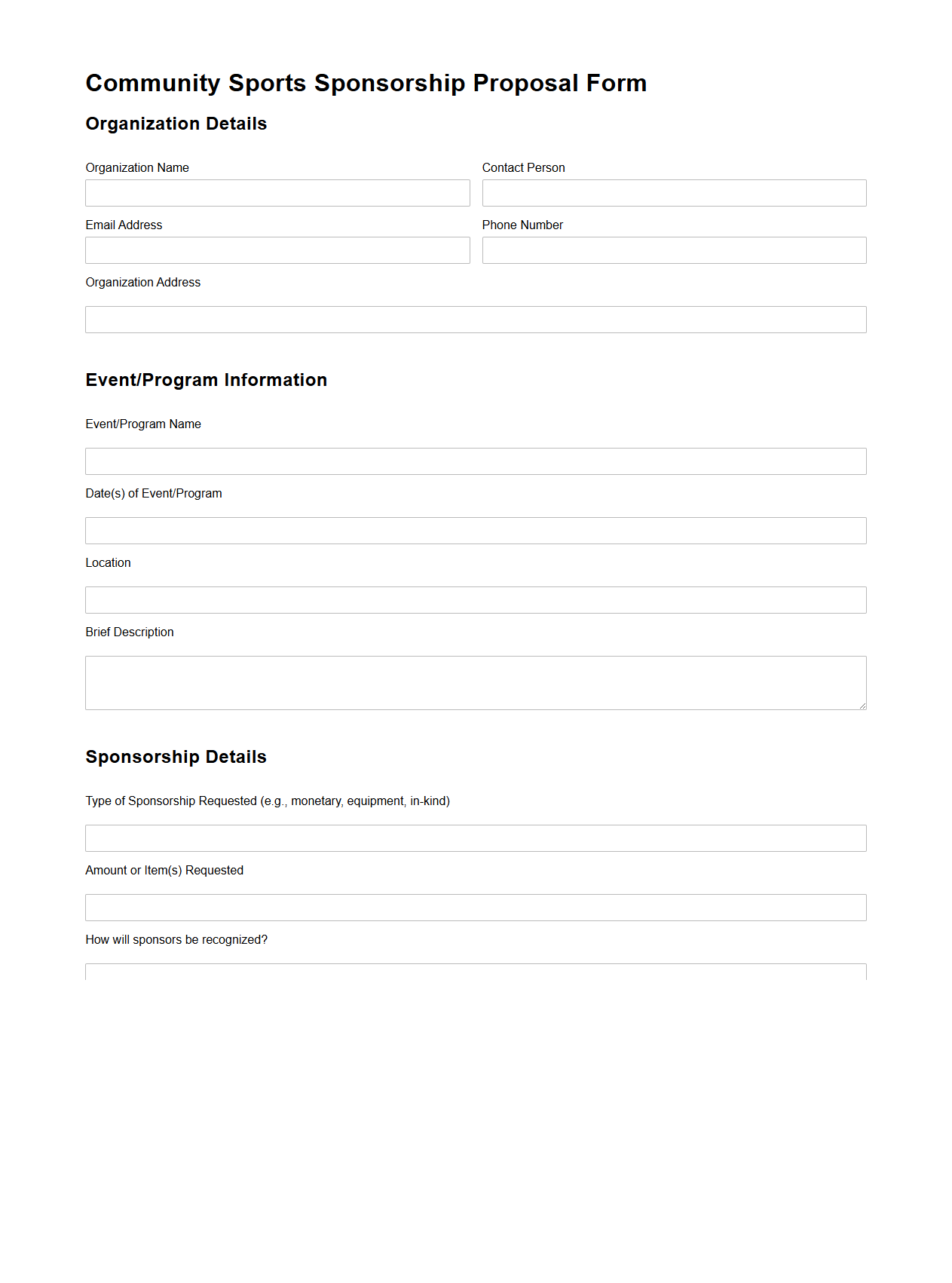 Blank Community Sports Sponsorship Proposal Form