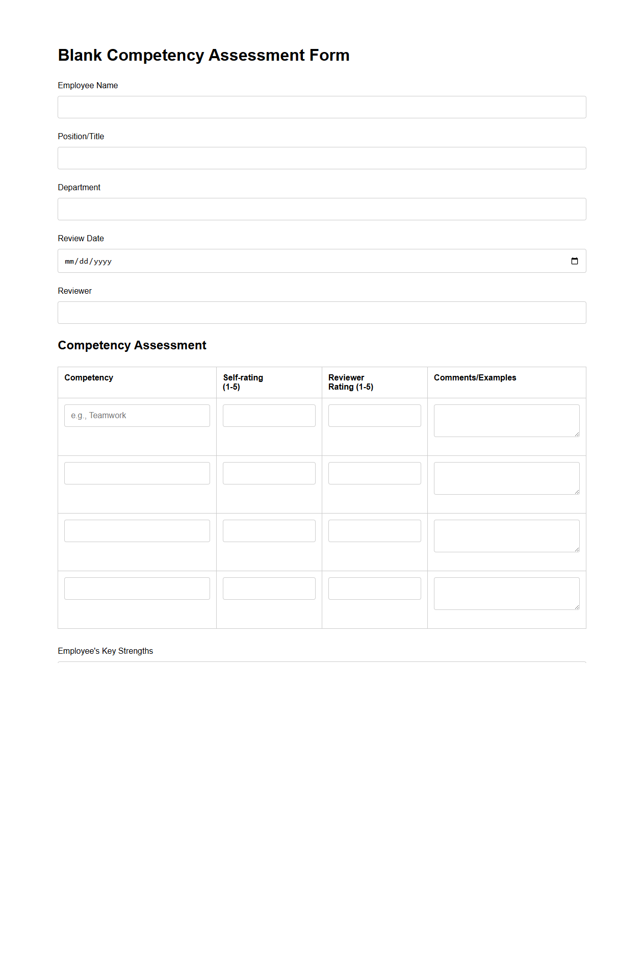 Blank Competency Assessment Form for Performance Reviews