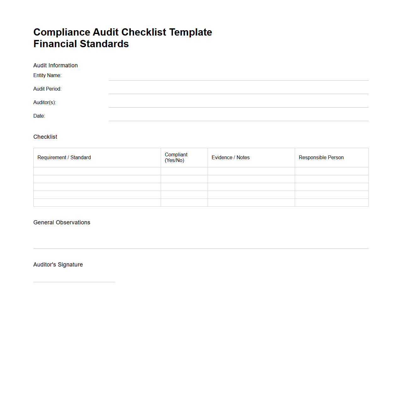 Blank Compliance Audit Checklist Template for Financial Standards
