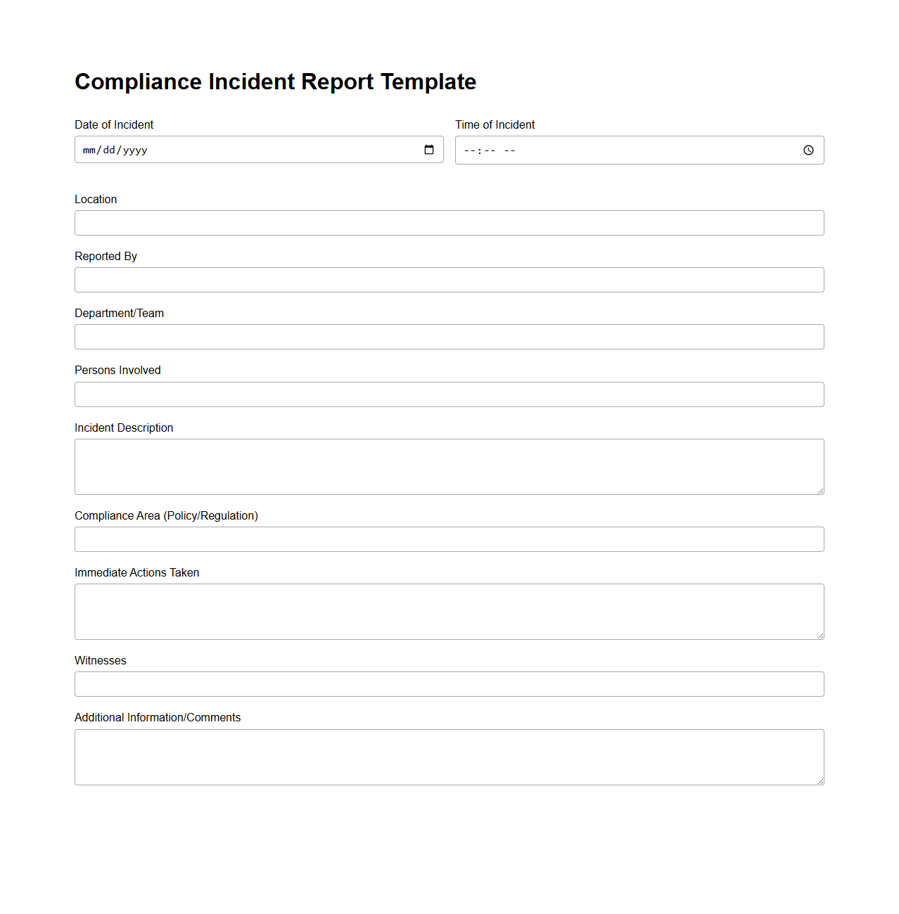Blank Compliance Incident Report Template for Work