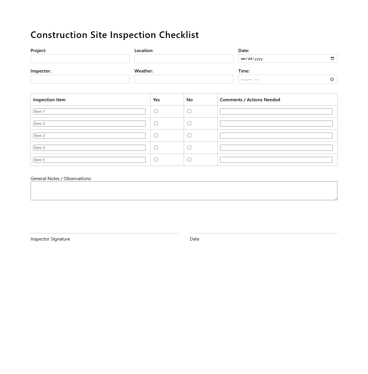 Blank Construction Site Inspection Checklist Template