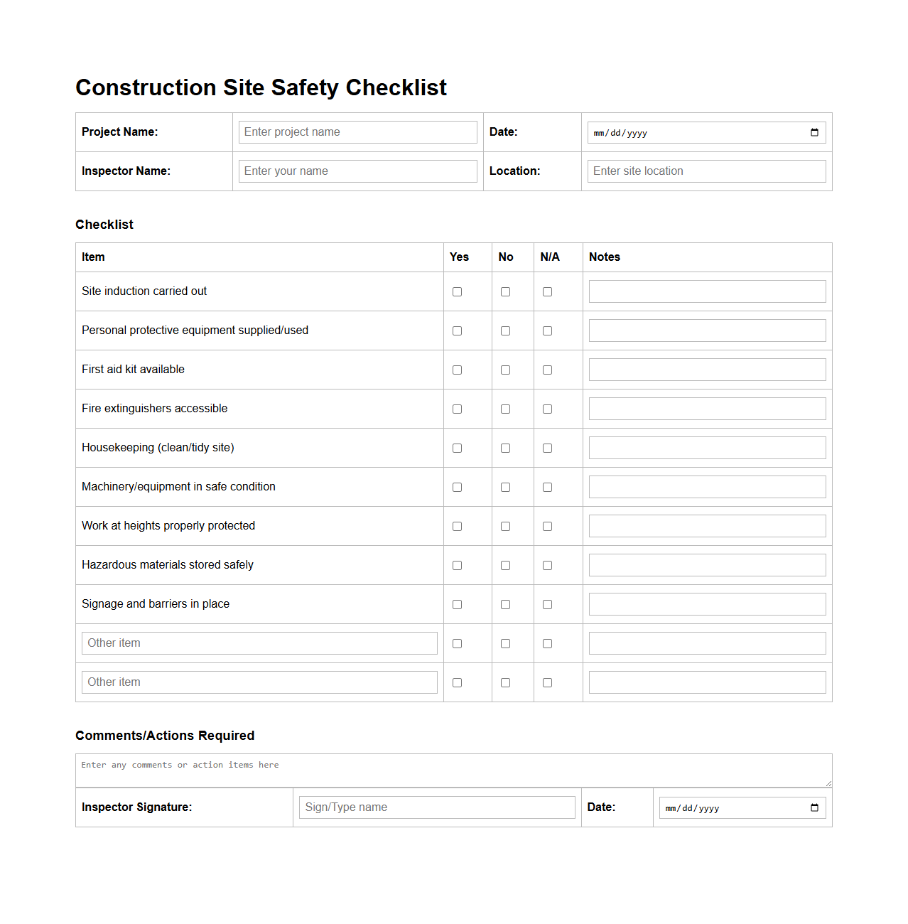 Blank Construction Site Safety Checklist Template