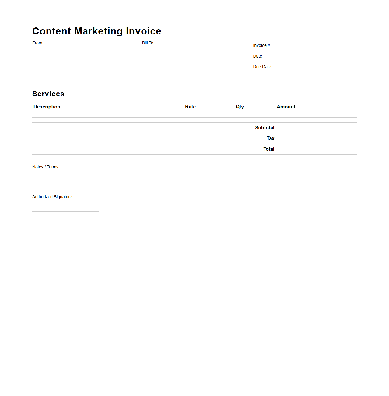Blank Content Marketing Invoice Template