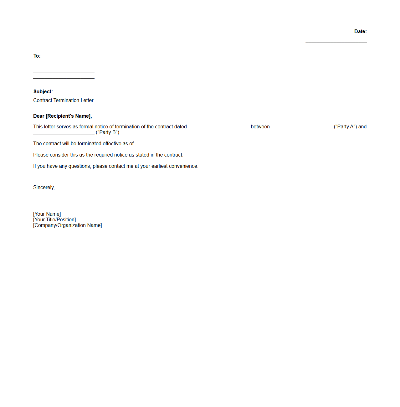 Blank Contract Termination Letter Template