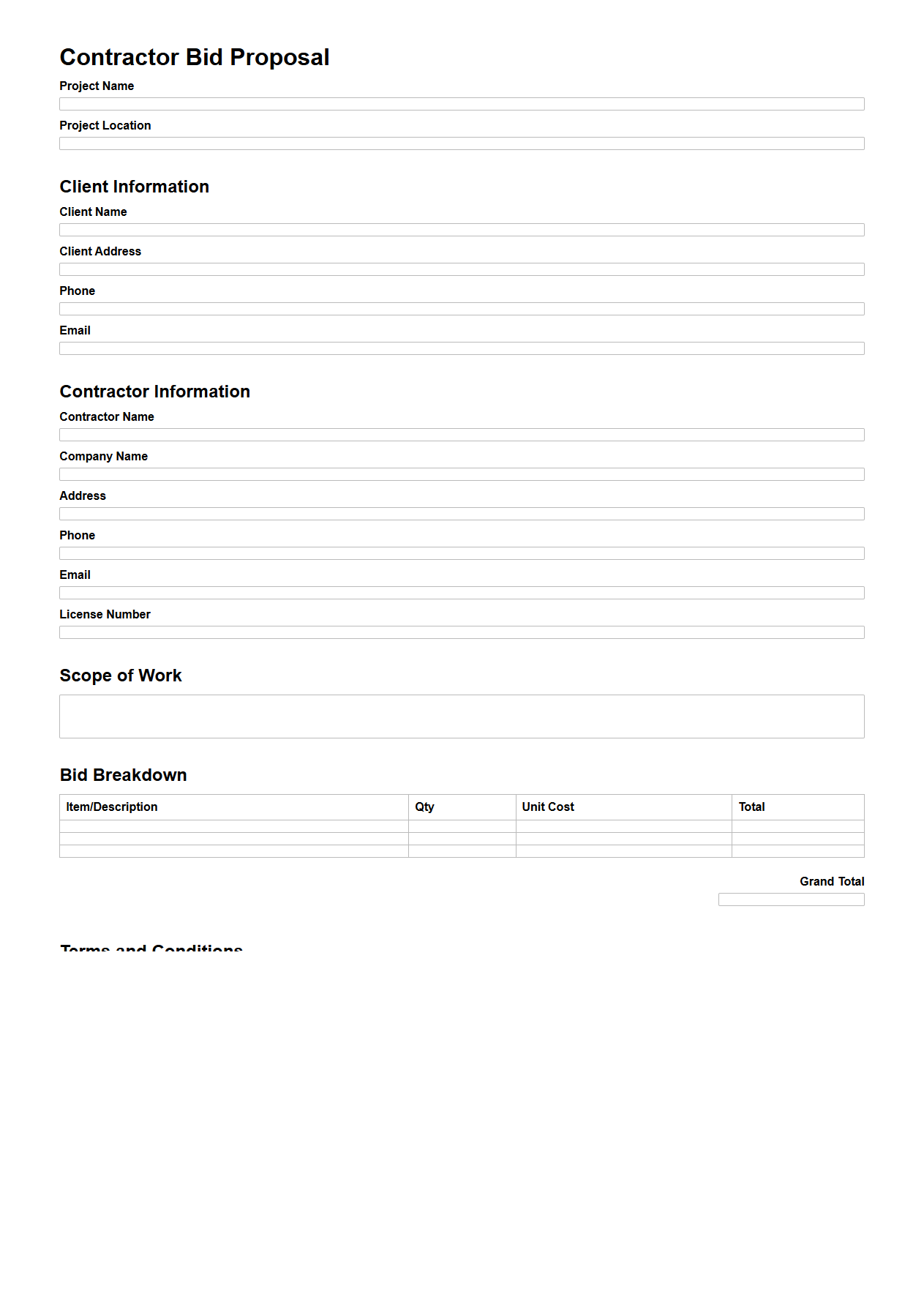 Blank Contractor Bid Proposal Document