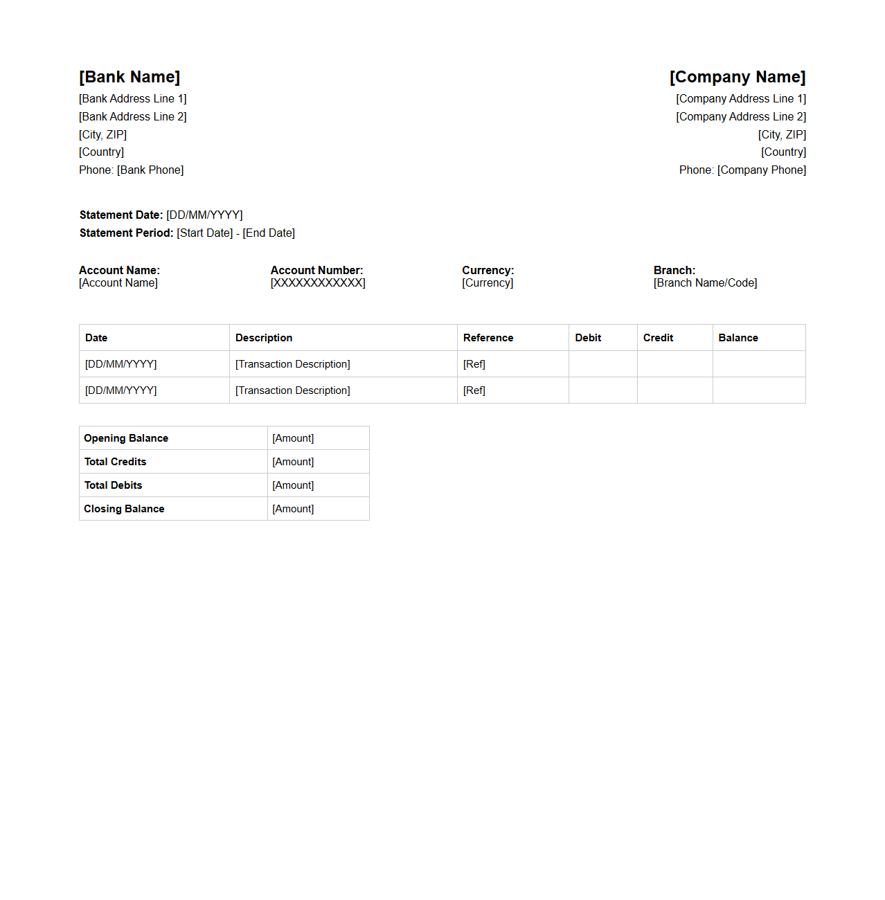 Blank Corporate Bank Statement Template