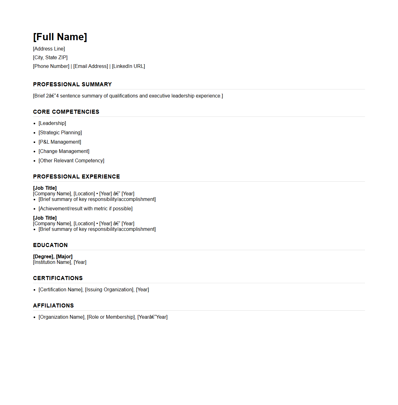 Blank Corporate Executive Resume Structure