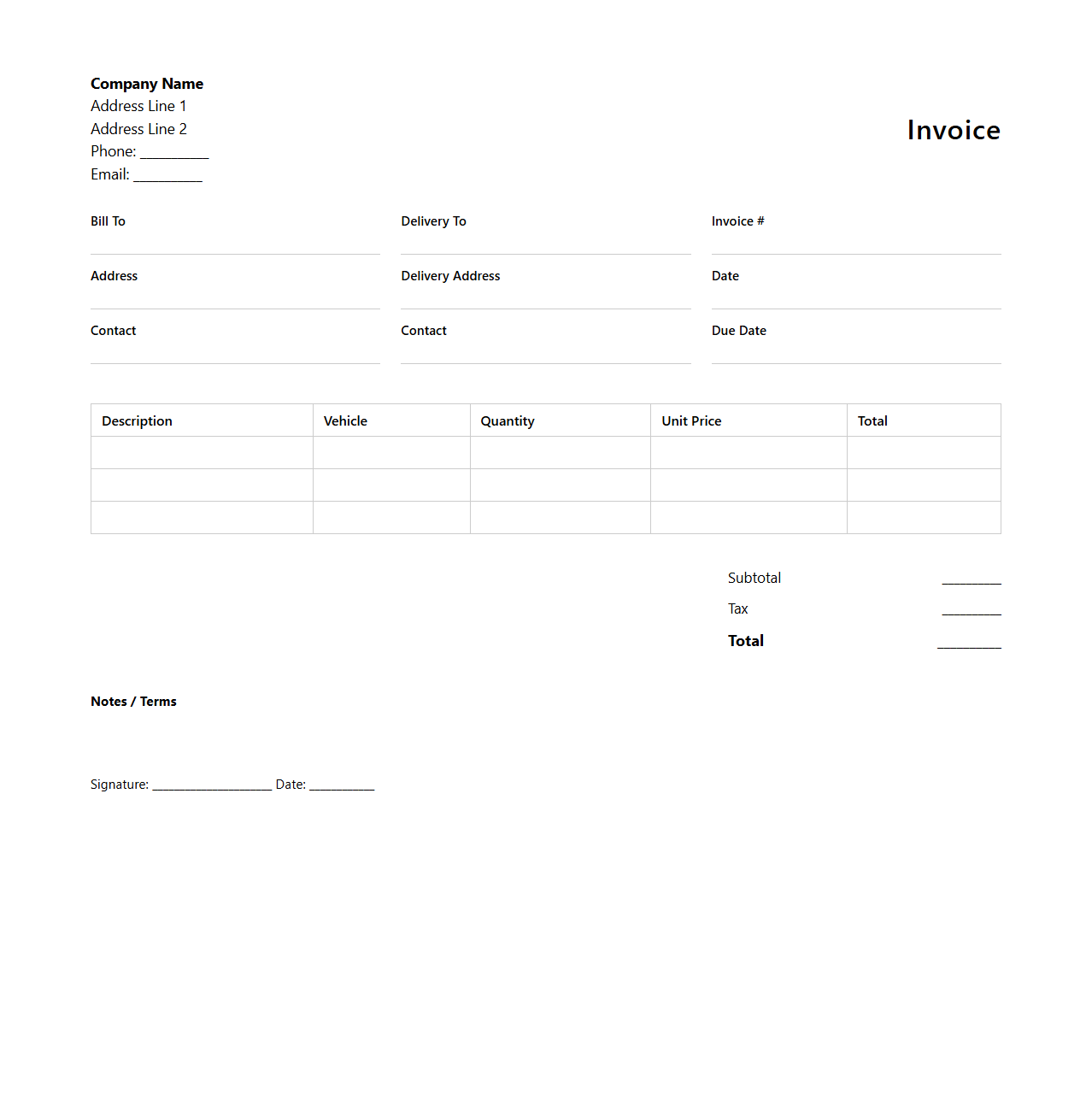 Blank Delivery Service Invoice Template for Transport