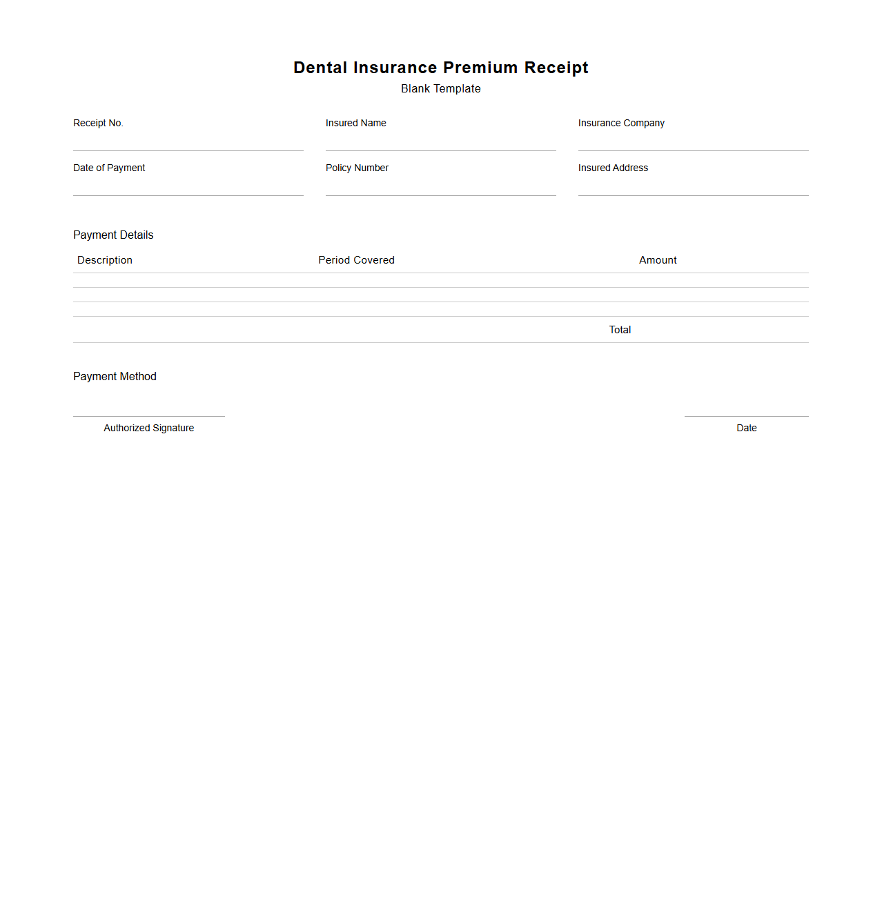 Blank Dental Insurance Premium Receipt Template