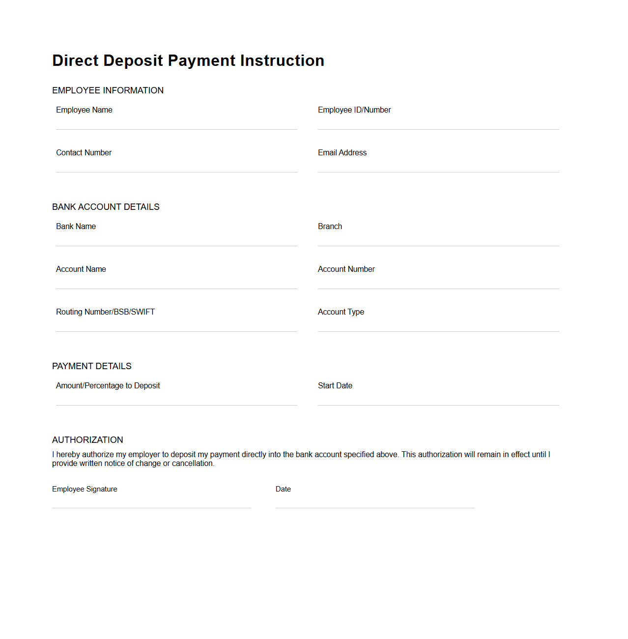 Blank Direct Deposit Payment Instruction Template