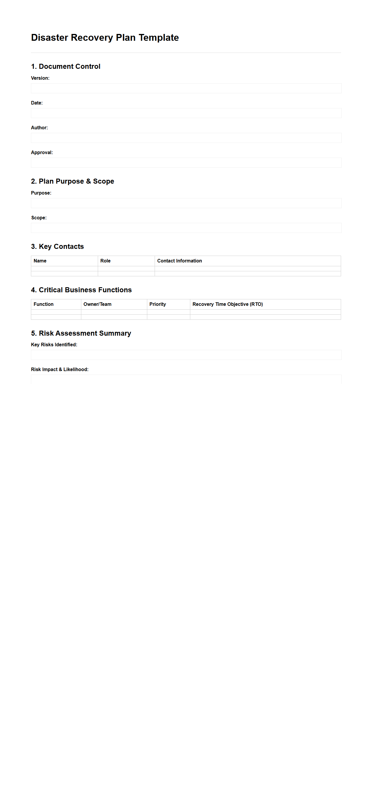 Blank Disaster Recovery Plan Template for Risk Management