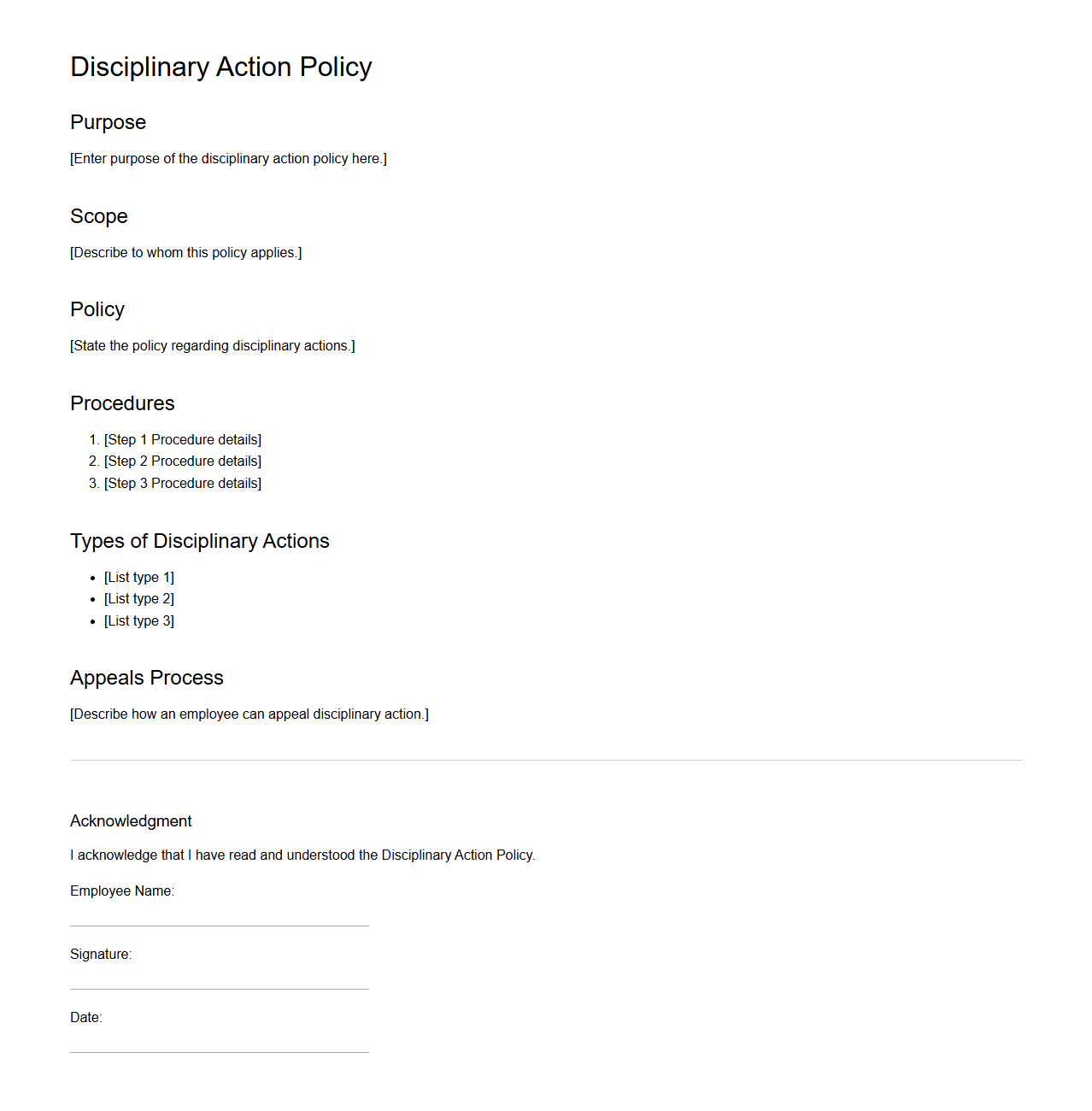 Blank Disciplinary Action Policy Layout