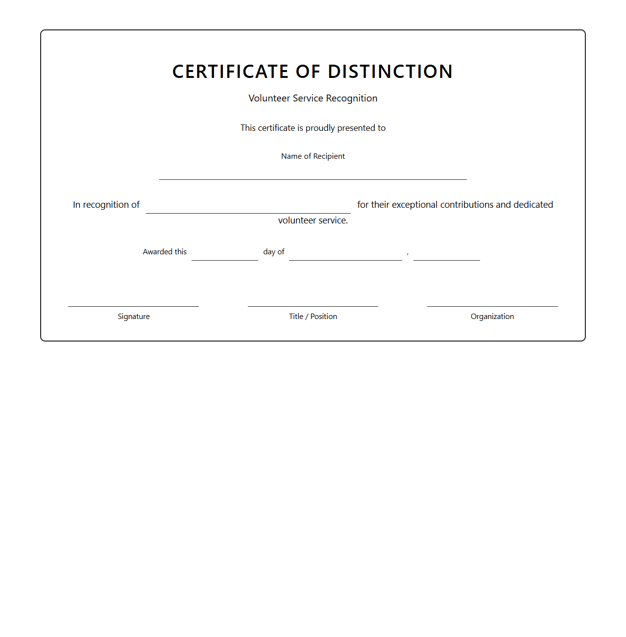 Blank Distinction Certificate for Volunteer Service