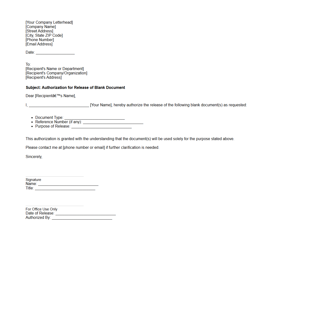 Blank Document Release Authorization Letter Template