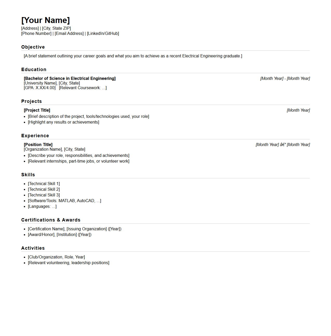 Blank Electrical Engineering Resume Template for Recent Graduates