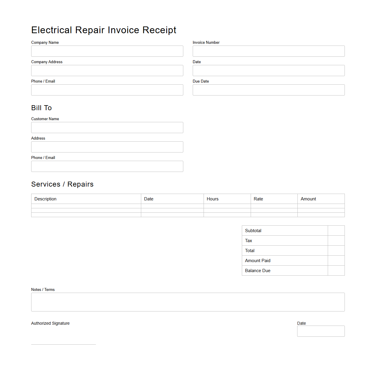 Blank Electrical Repair Invoice Receipt Template
