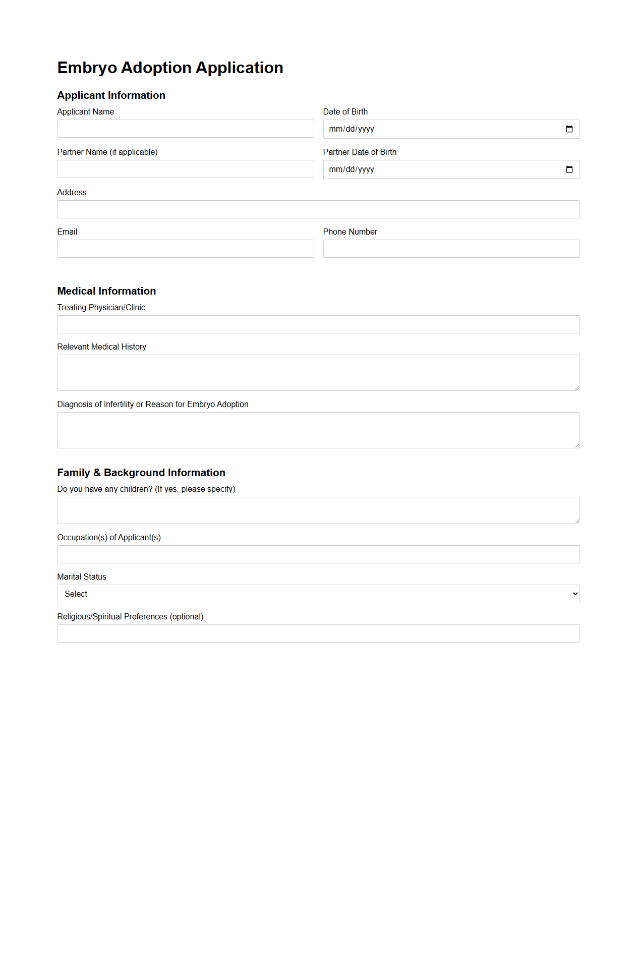 Blank Embryo Adoption Application Template for Fertility Clinics
