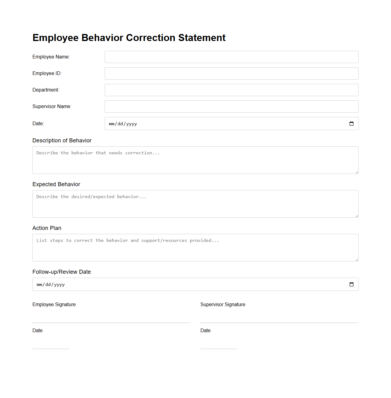 Blank Employee Behavior Correction Statement Template