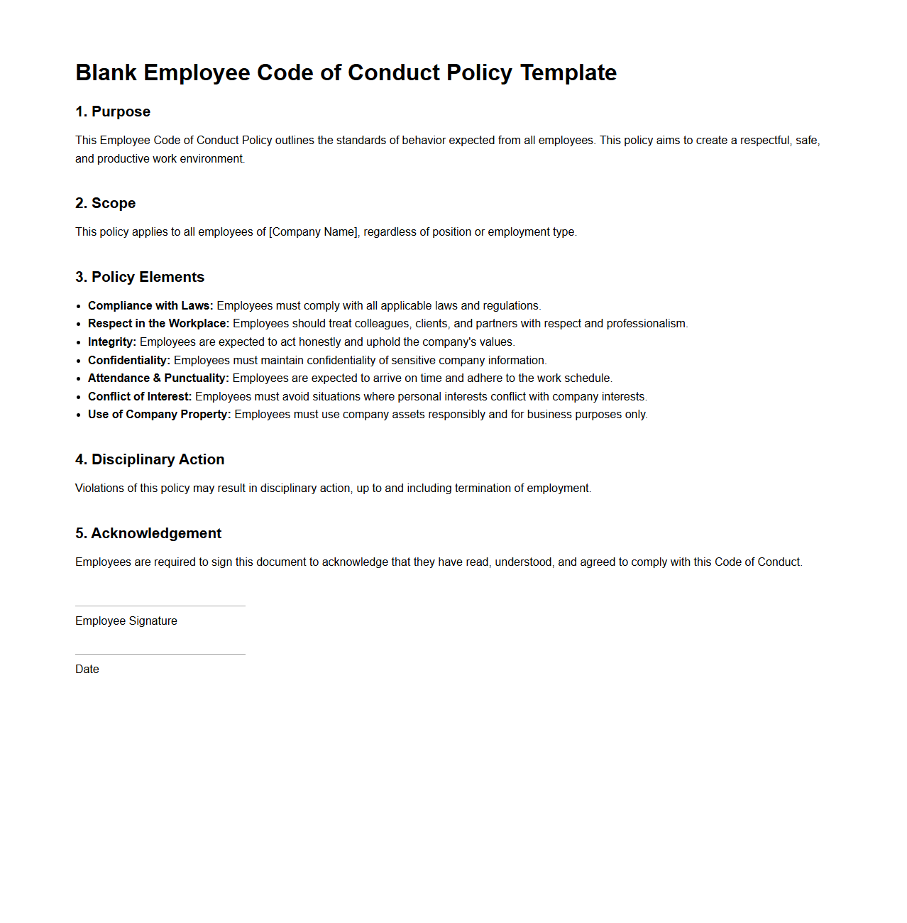 Blank Employee Code of Conduct Policy Template