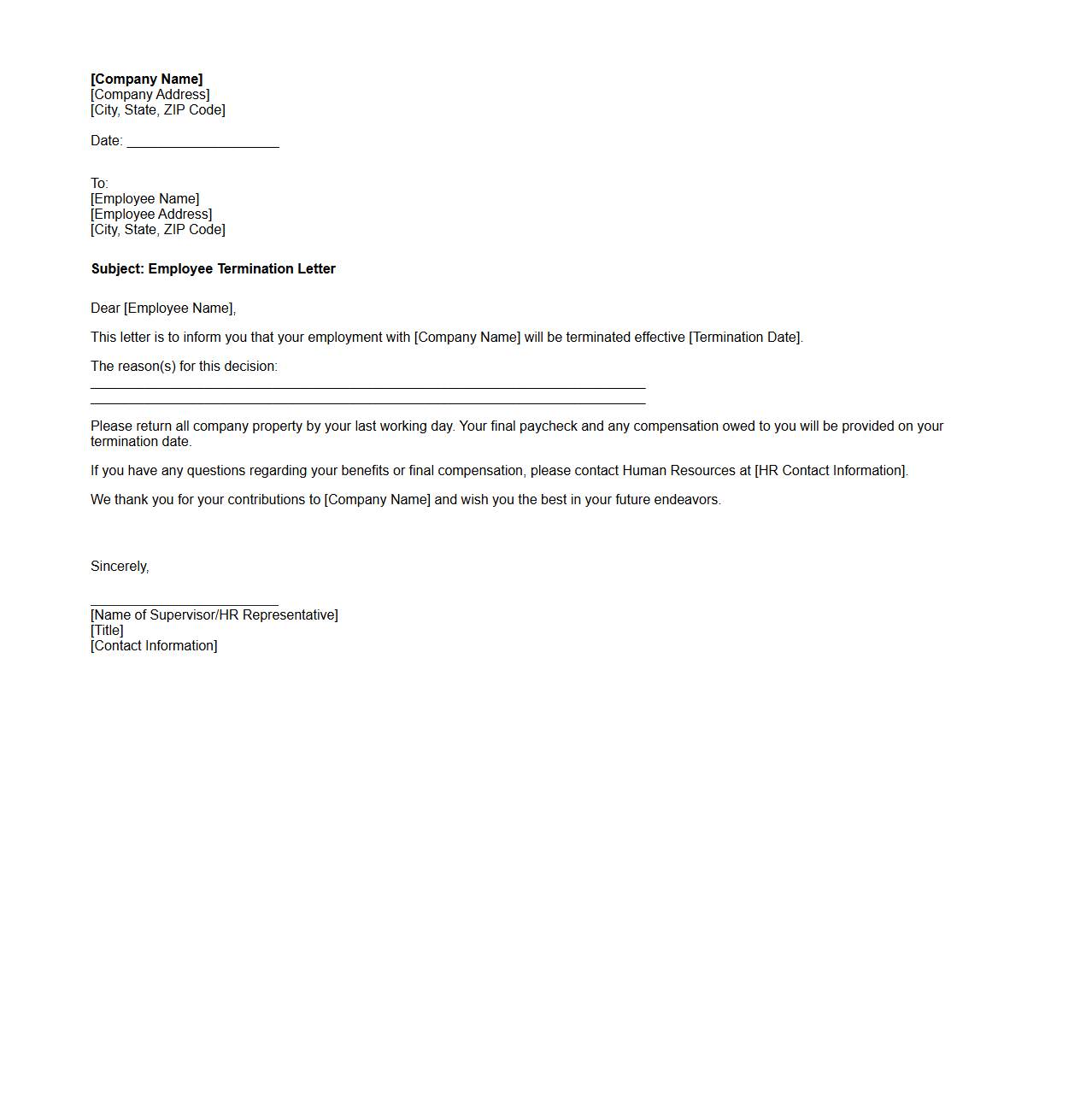 Blank Employee Termination Letter Template