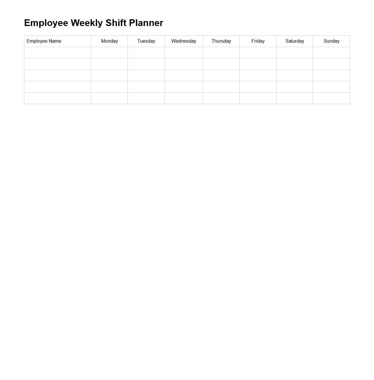 Blank Employee Weekly Shift Planner