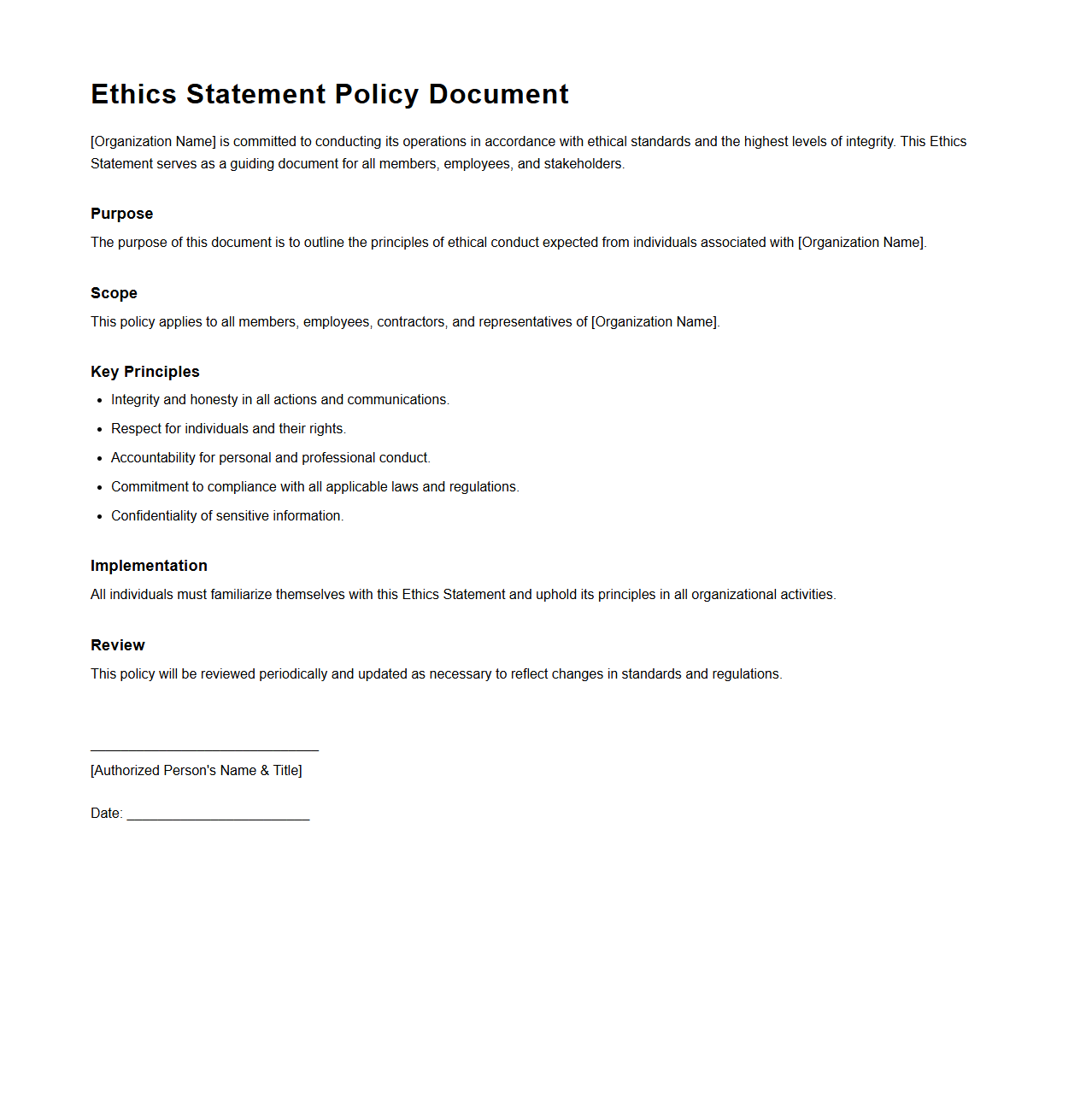 Blank Ethics Statement Policy Document