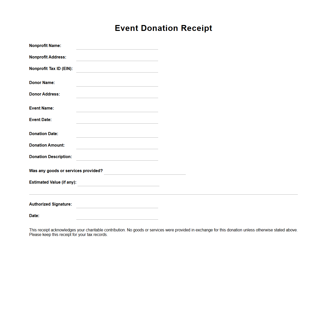 Blank Event Donation Receipt Template for Nonprofits