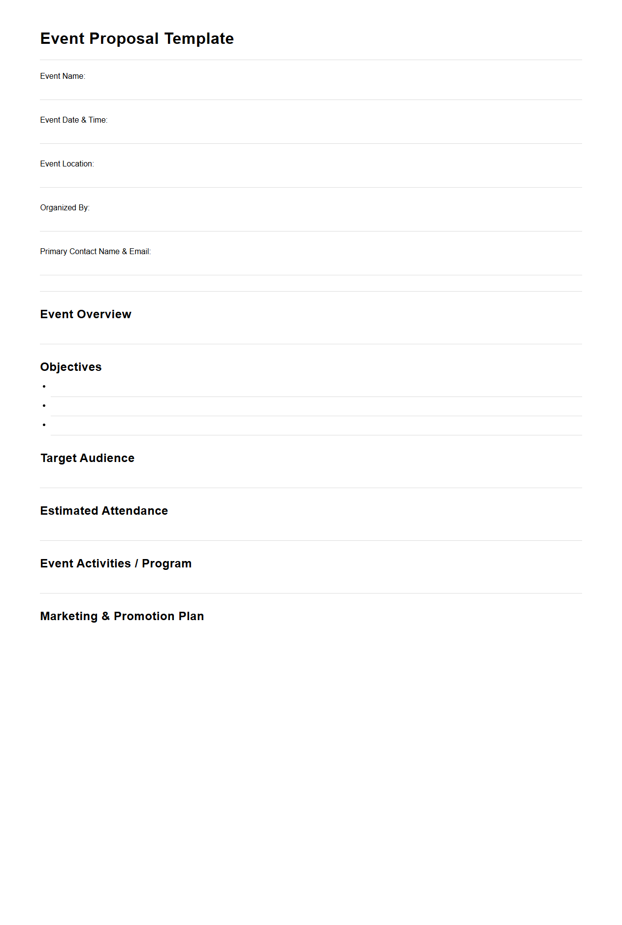 Blank Event Proposal Template for Sponsorship Applications