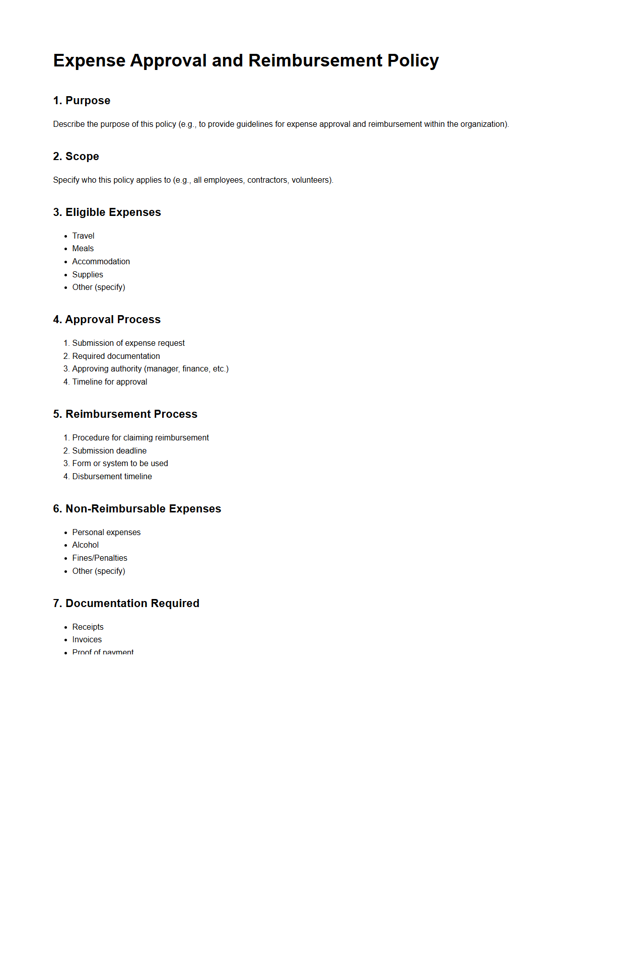 Blank Expense Approval and Reimbursement Policy Template