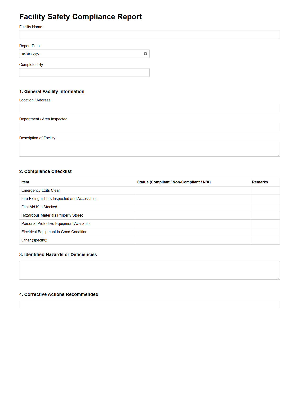 Blank Facility Safety Compliance Report Template