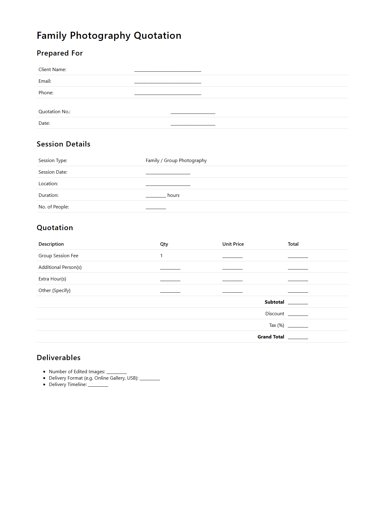 Blank Family Photography Quotation Template for Group Sessions