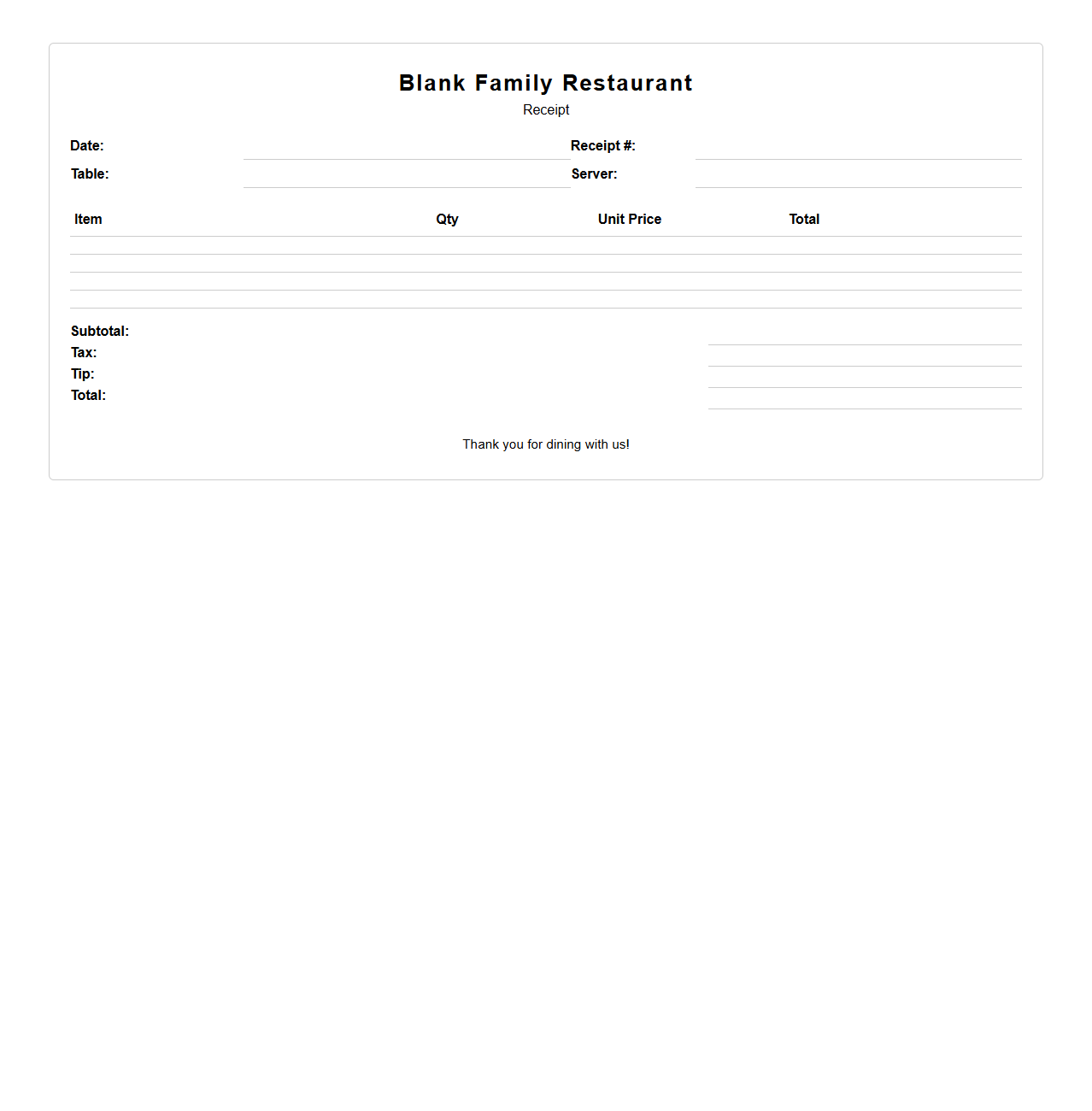 Blank Family Restaurant Receipt Template