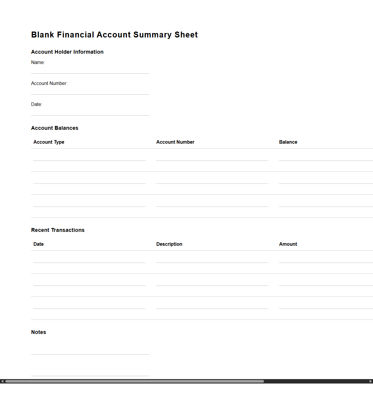 Blank Financial Account Summary Sheet